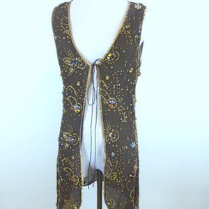 MEGAN PARK Anthropologie beaded SILK TUNIC Vest butterfly TOP brown S